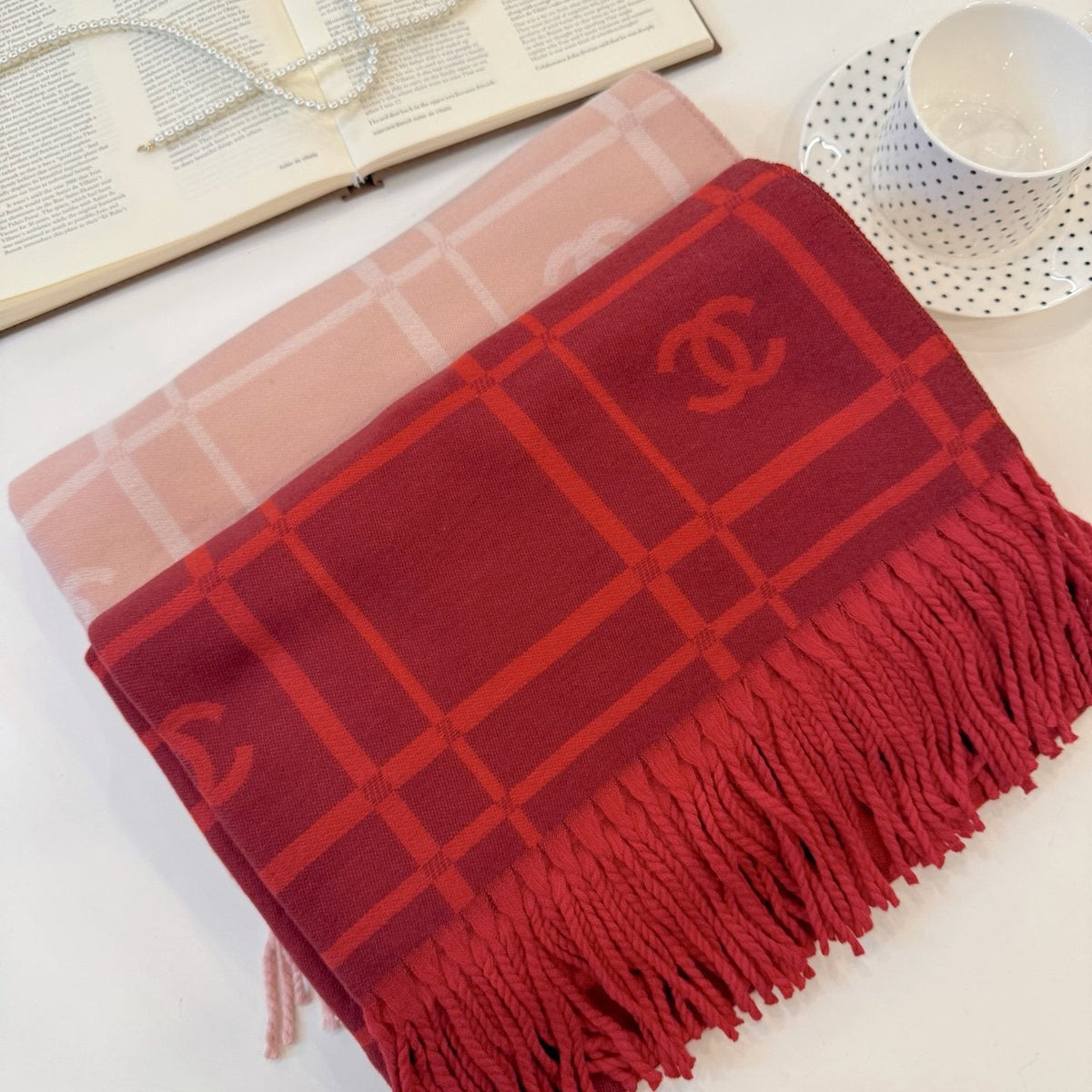 Chanel Burgundy Red Logo Check Scarf — front