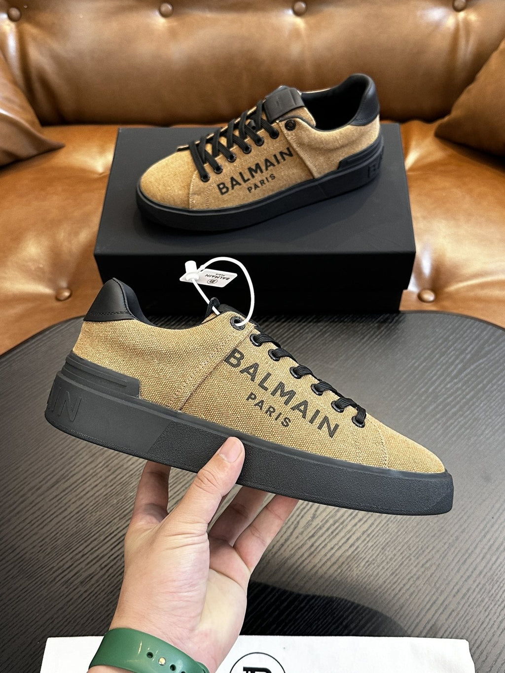 Balmain Tan and Black B-Skate Sneakers — side