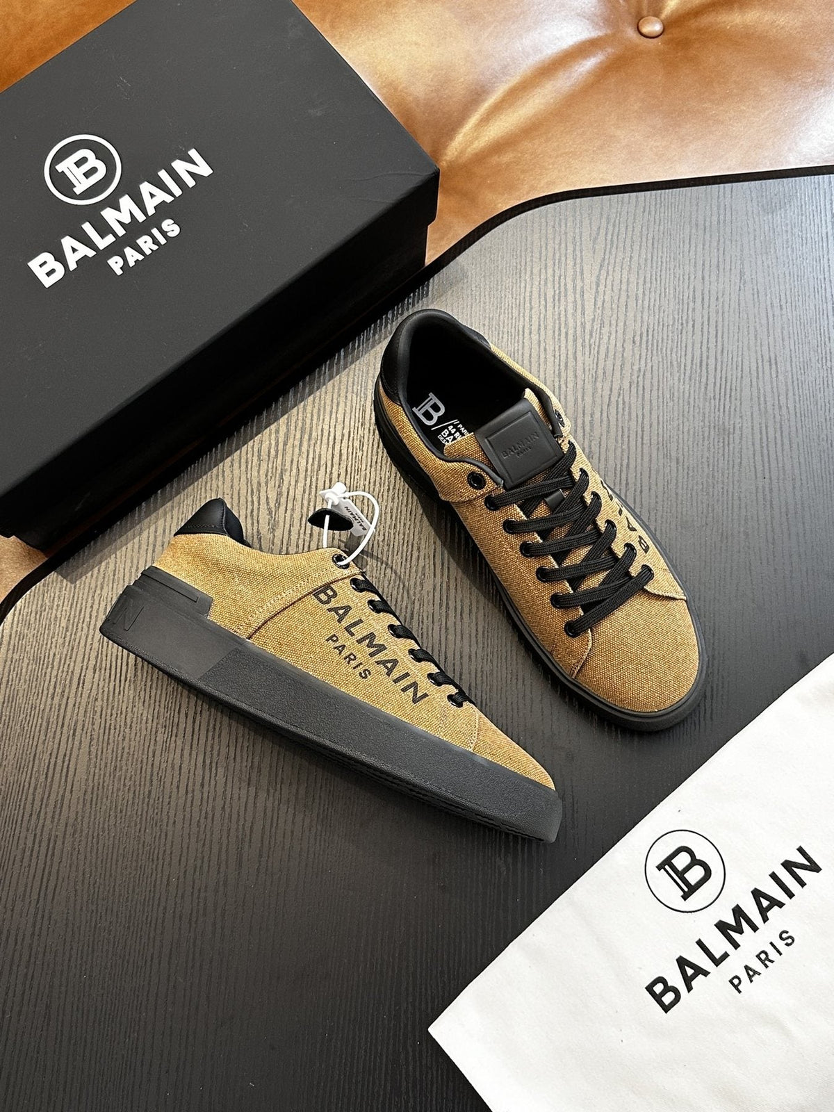 Balmain Tan and Black B-Skate Sneakers — side