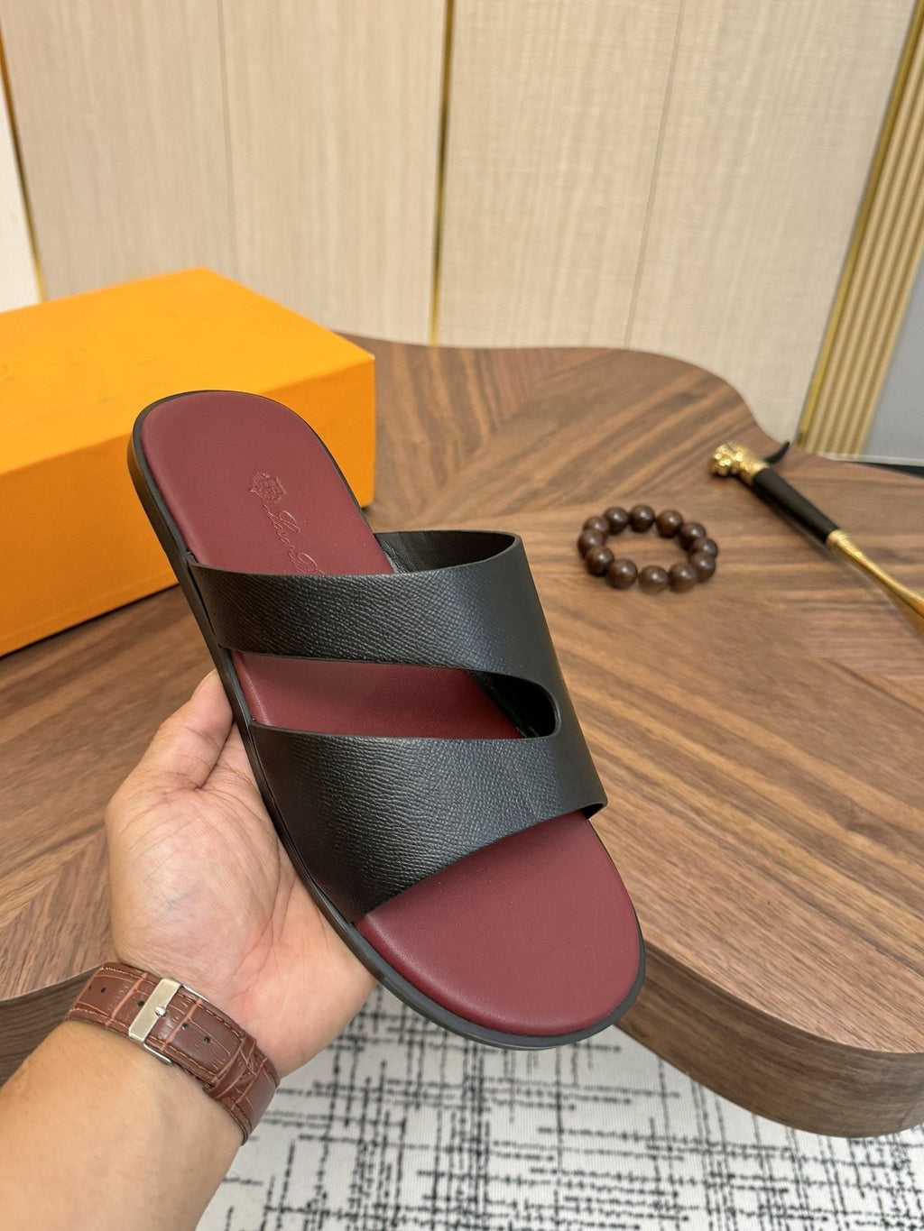 Loro Piana Black and Burgundy Slide Sandals — detail