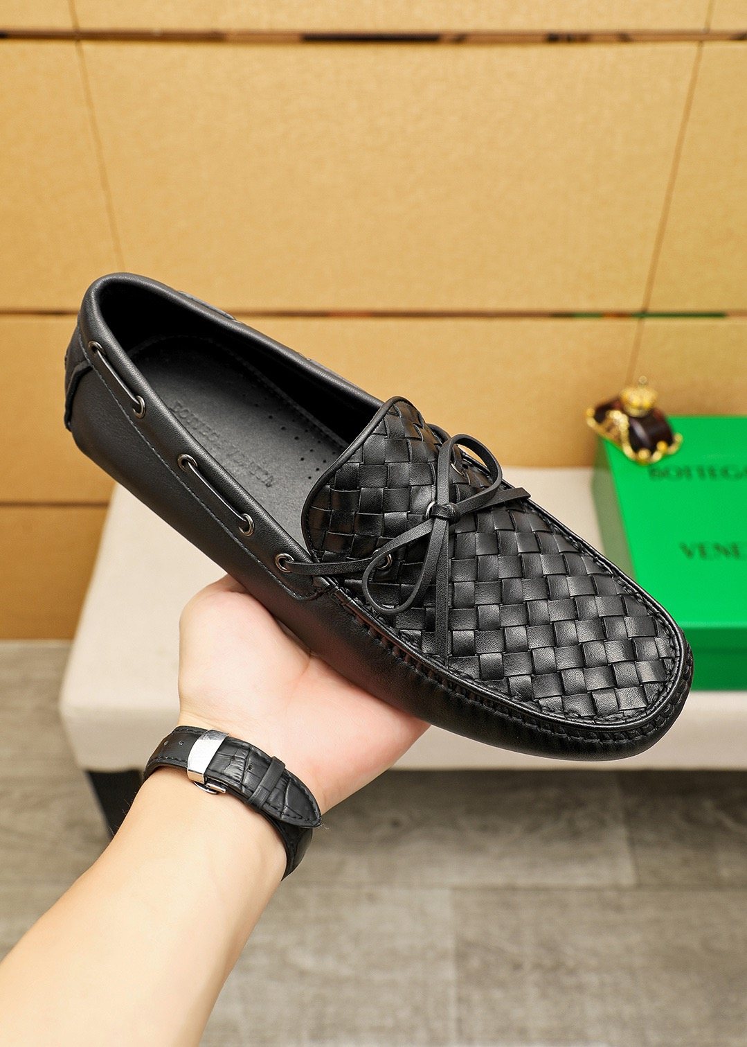 Bottega Veneta Black Woven Slip-On Loafers — model