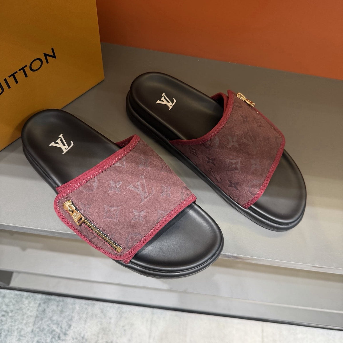 Louis Vuitton Burgundy Patterned Slide Sandals — front