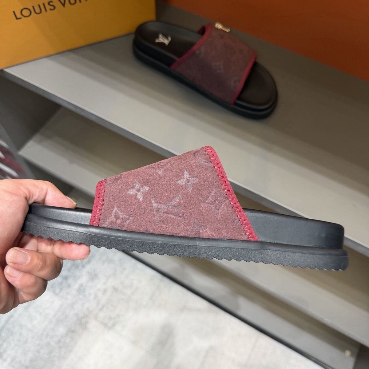 Louis Vuitton Burgundy Patterned Slide Sandals — side
