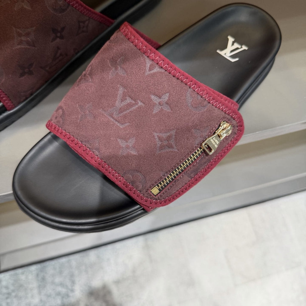 Louis Vuitton Burgundy Patterned Slide Sandals — detail