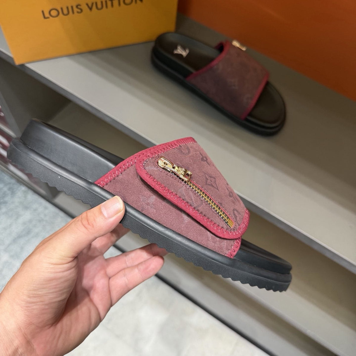 Louis Vuitton Burgundy Patterned Slide Sandals — side