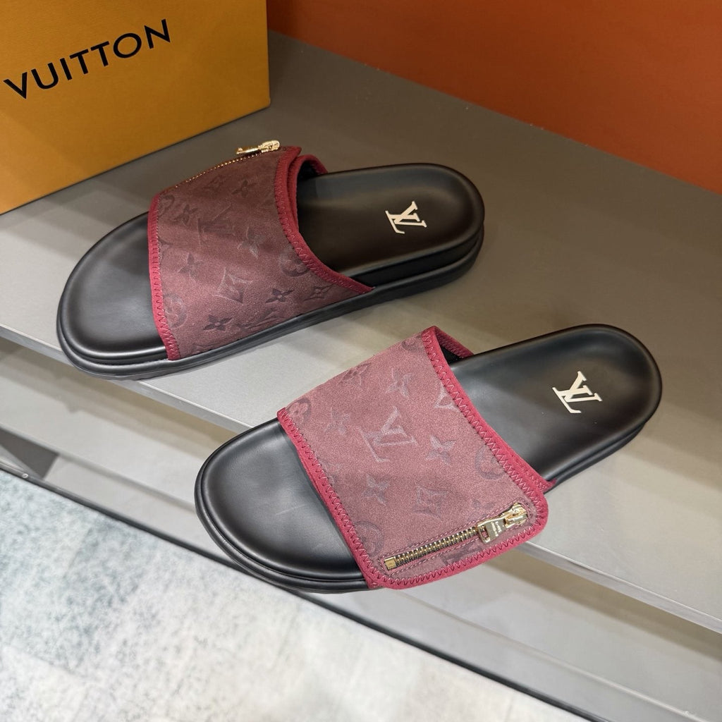 Louis Vuitton Burgundy Patterned Slide Sandals — front