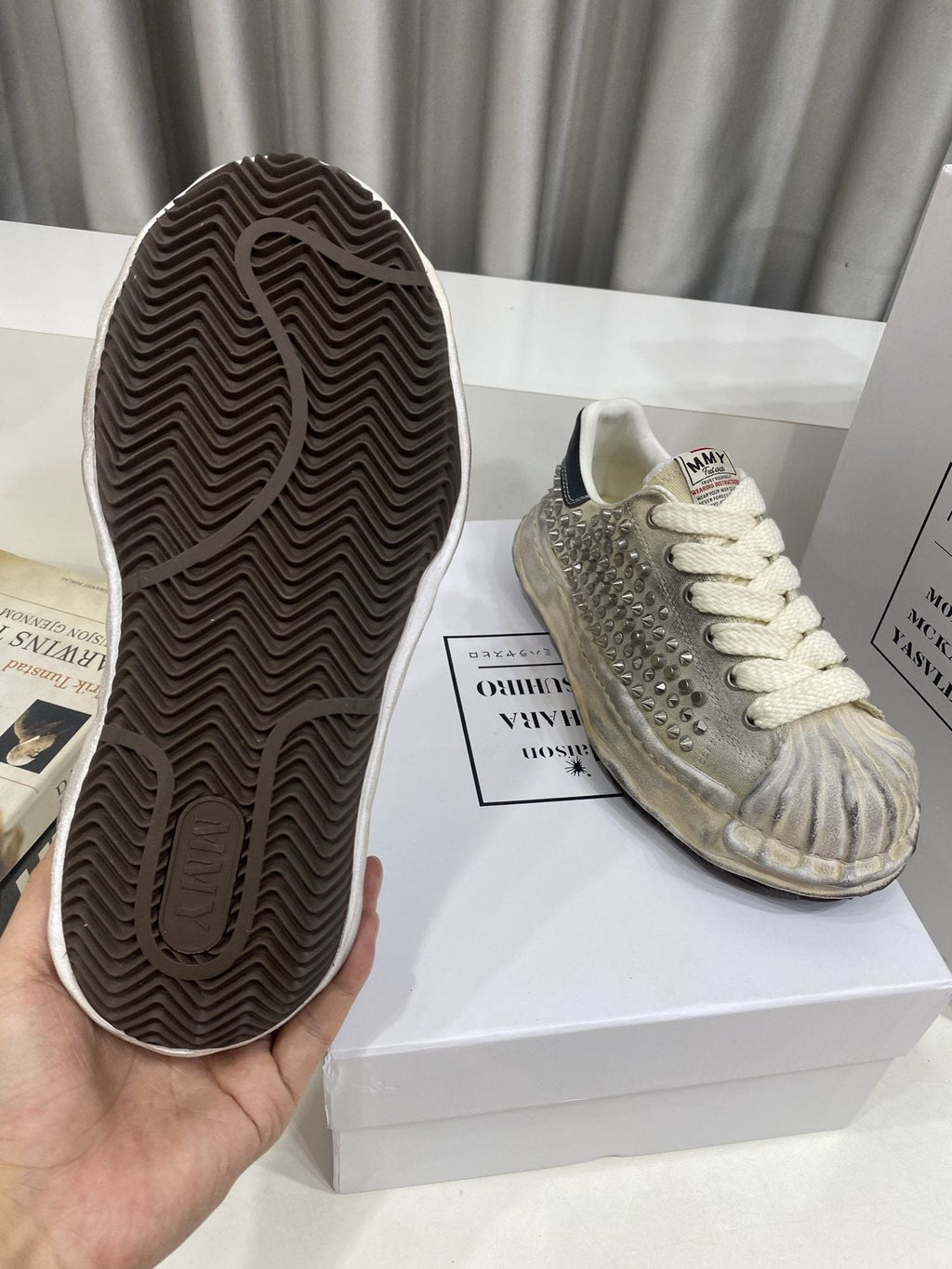 Maison Mihara Yasuhiro Distressed Studded Low-Top Sneakers — detail