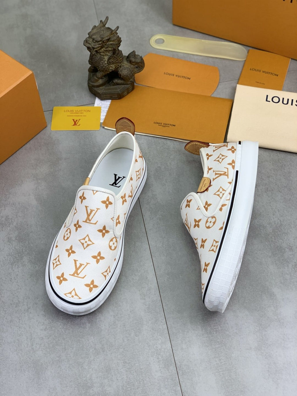 Louis Vuitton White Printed Slip-On Shoes — front