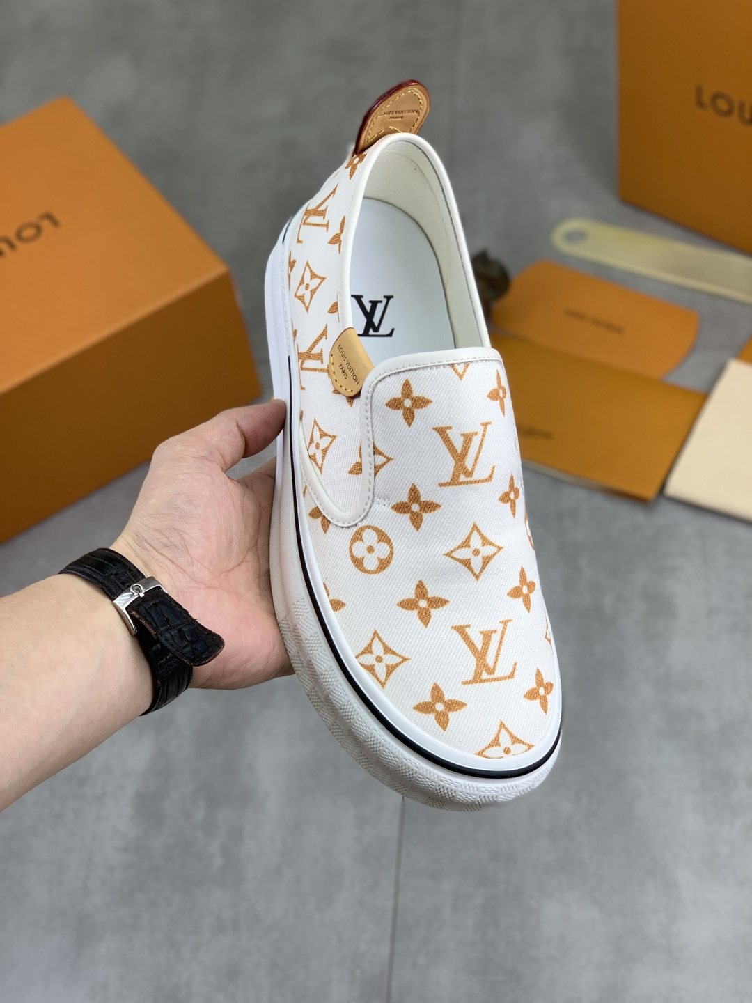 Louis Vuitton White Printed Slip-On Shoes — model