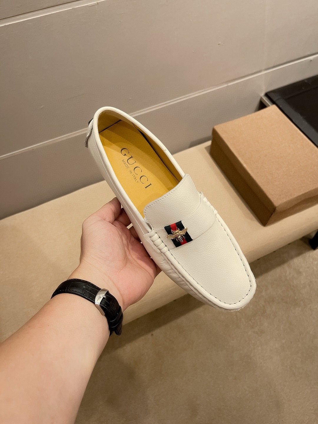 Gucci White Web Accent Loafers — front