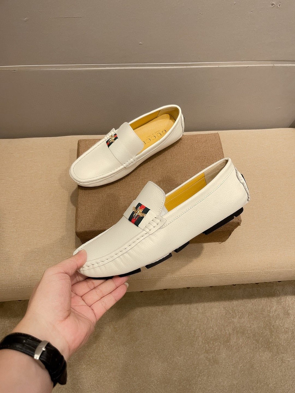 Gucci White Web Accent Loafers — front