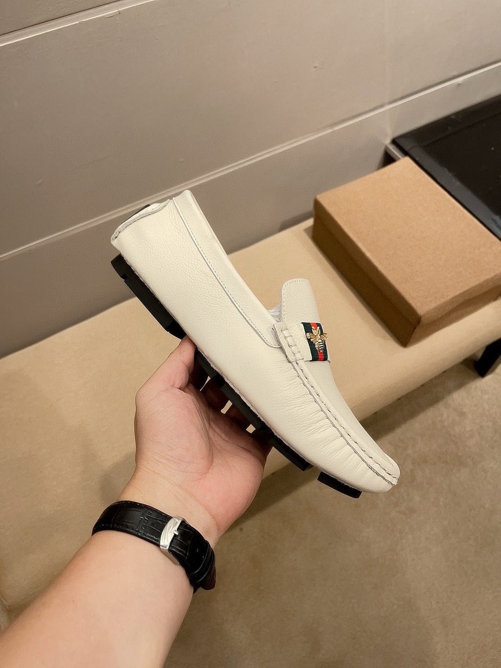 Gucci White Web Accent Loafers — side