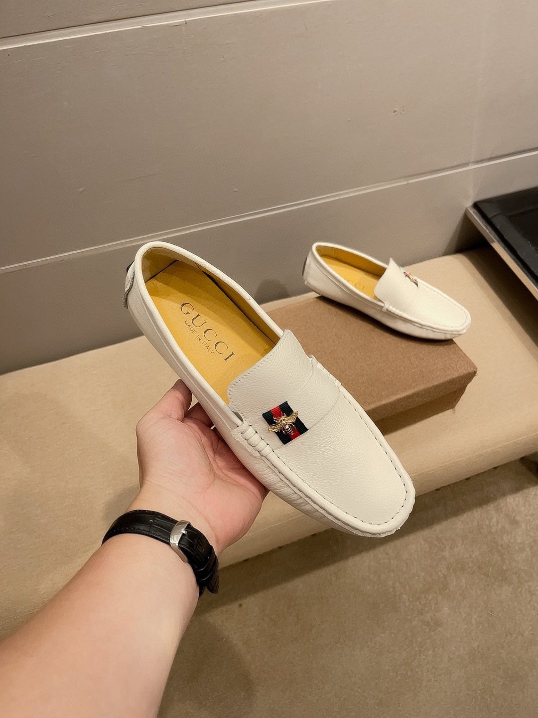 Gucci White Web Accent Loafers — front