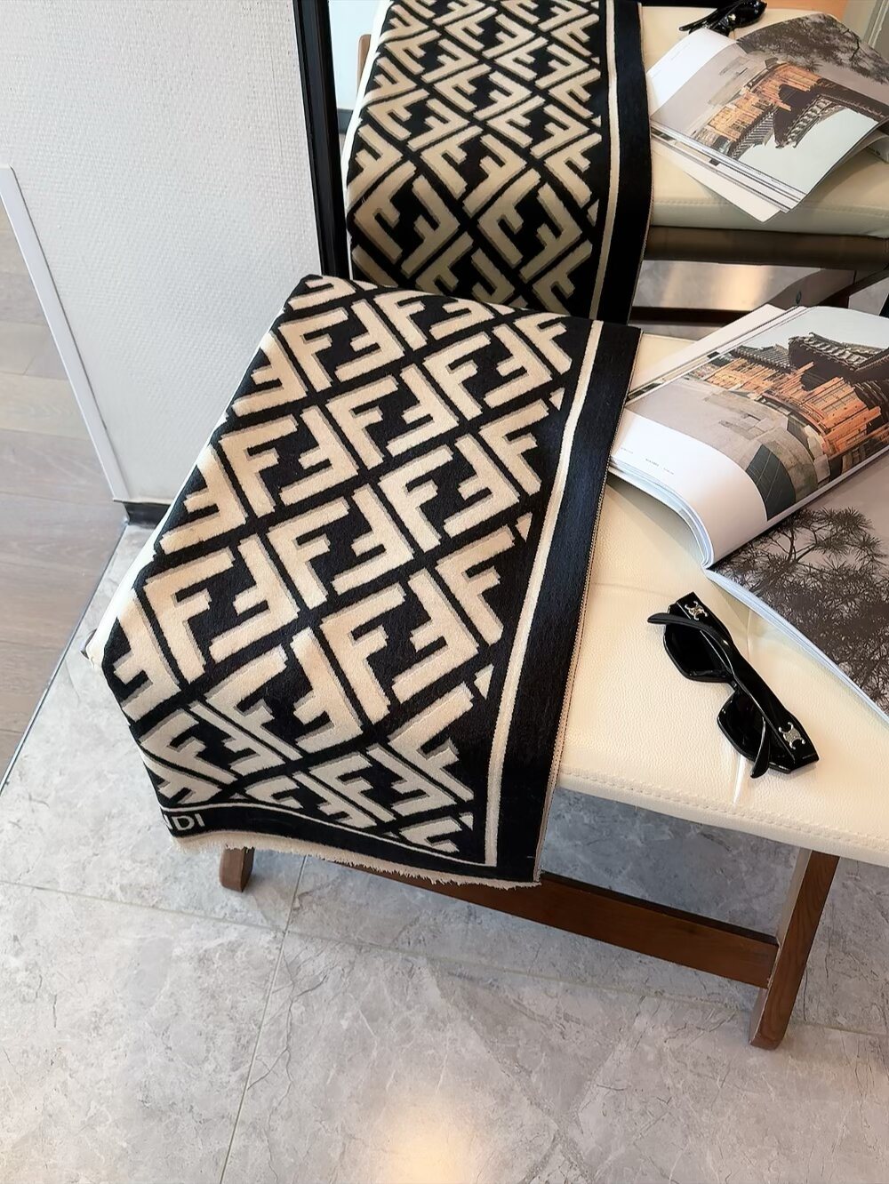 Fendi Geometric Monogram Fringe Scarf — detail