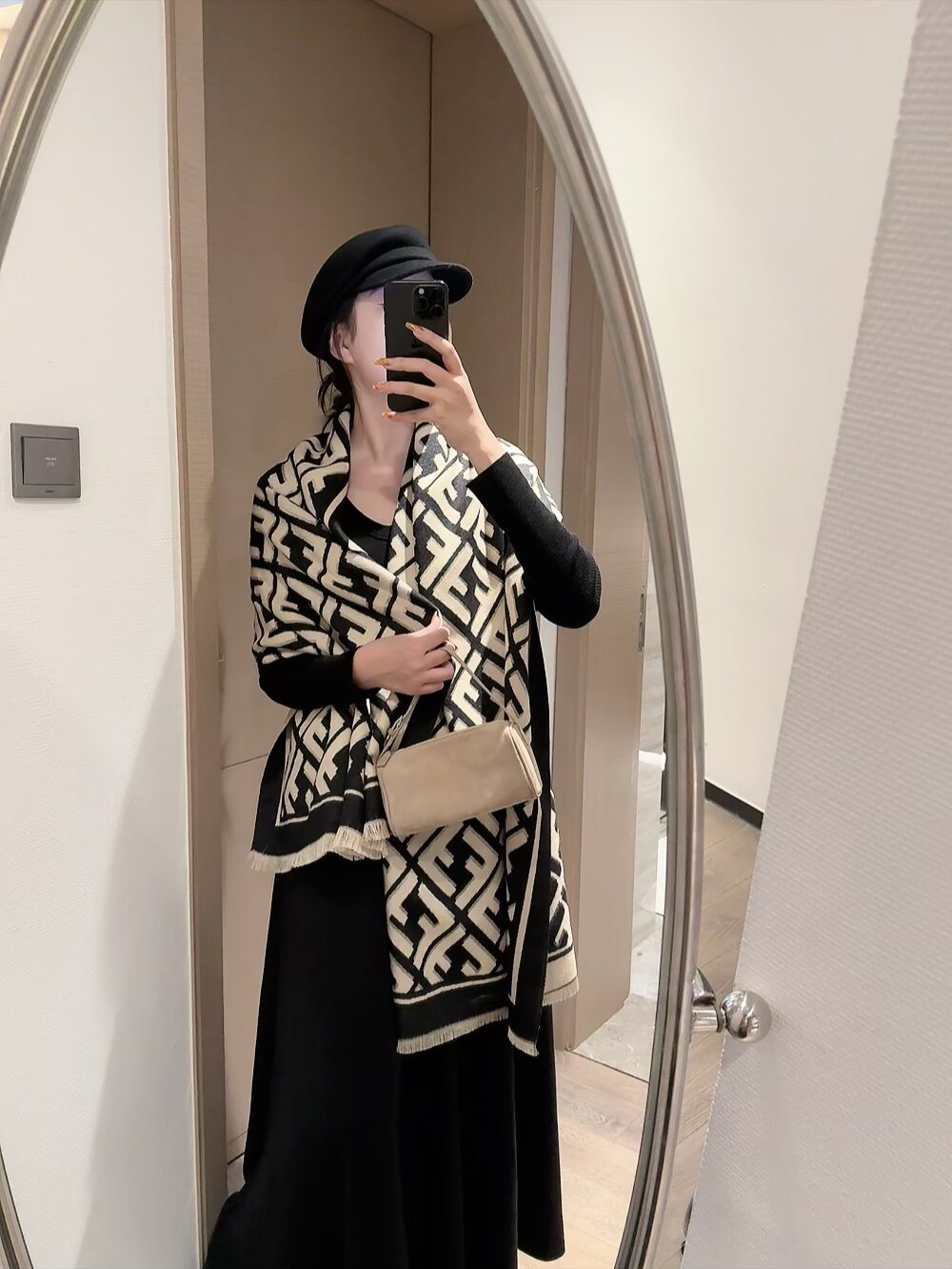 FENDI Black & Beige Monogram Scarf — model