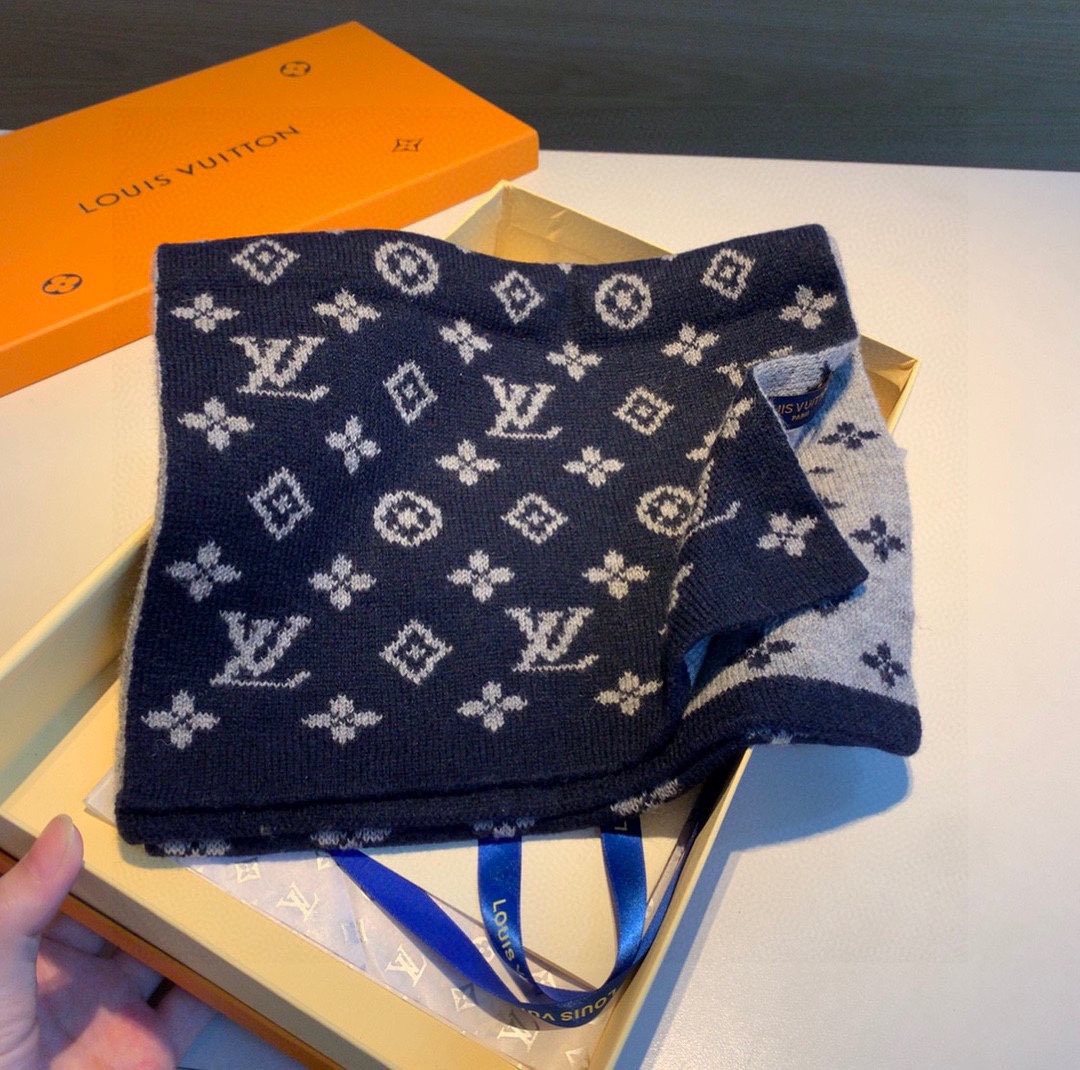 Louis Vuitton Navy and Gray Monogram Knit Scarf — front