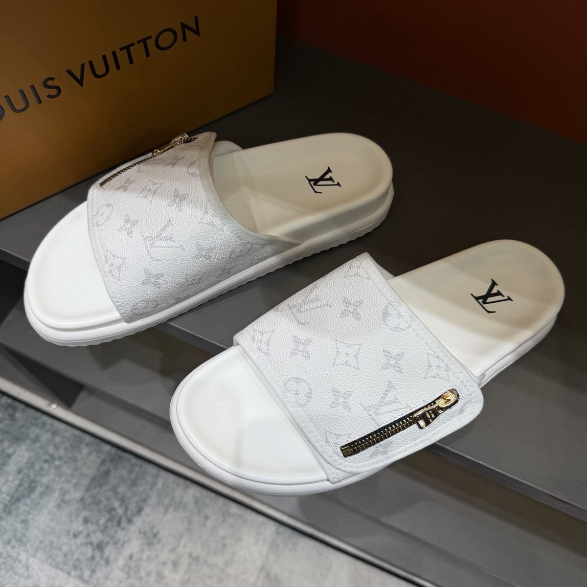 Louis Vuitton White Monogram Zip Slide Sandals — front