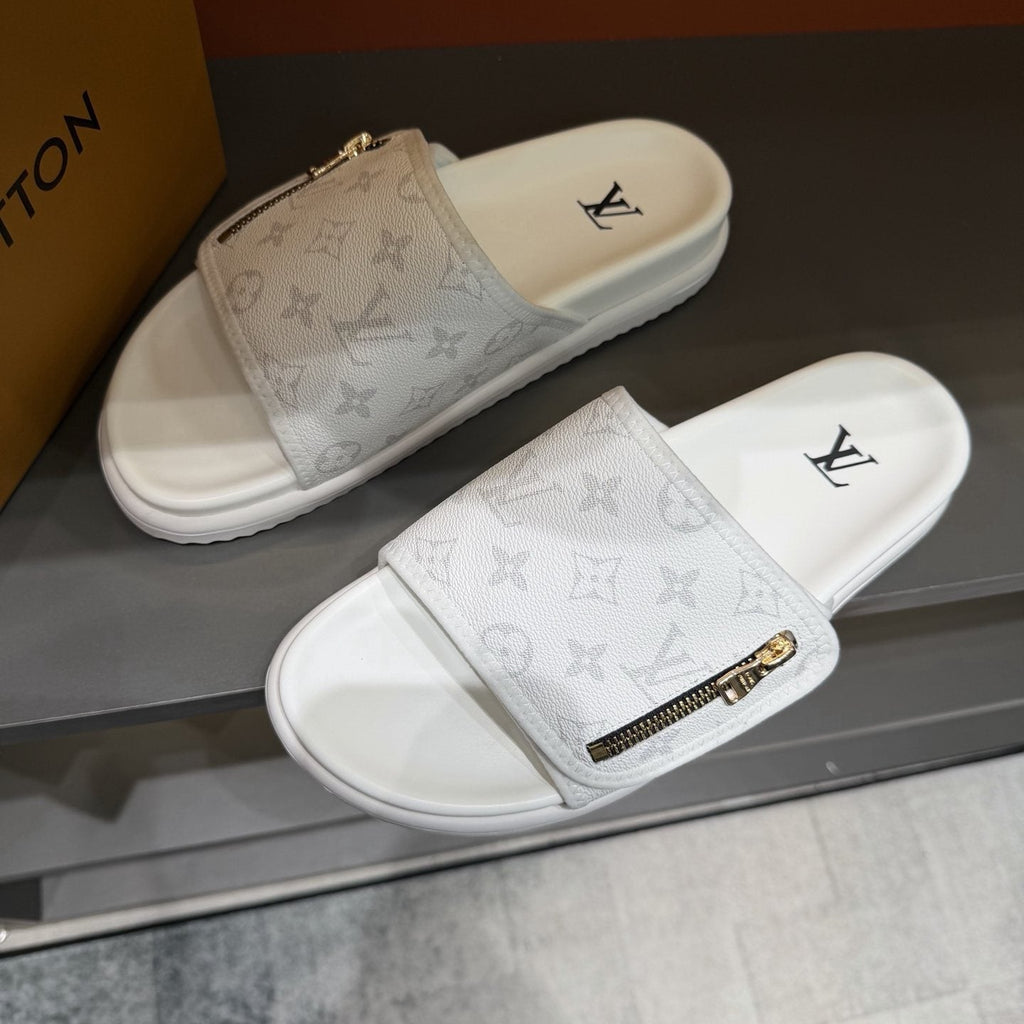 Louis Vuitton White Monogram Zip Slide Sandals — front