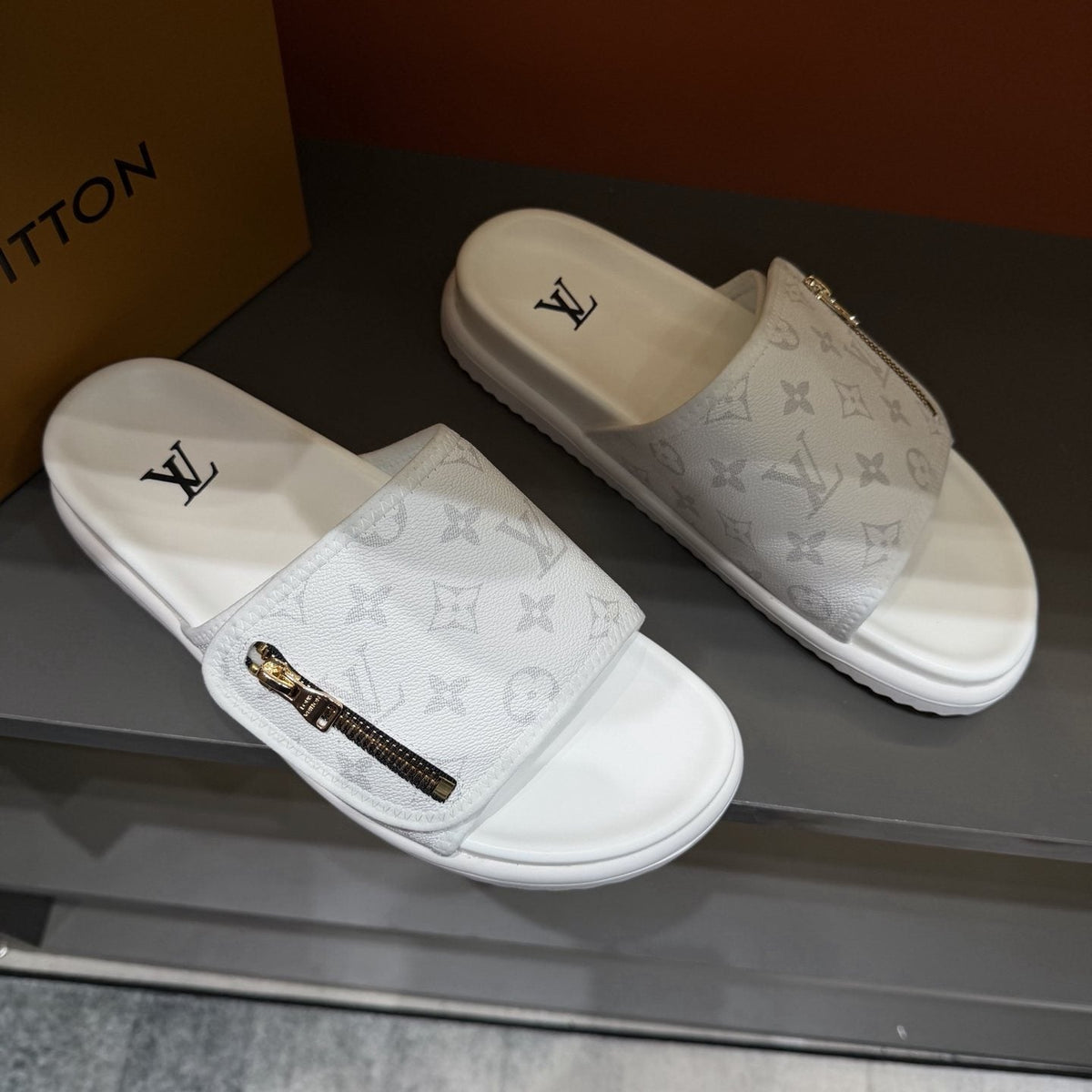 Louis Vuitton White Monogram Zip Slide Sandals — front