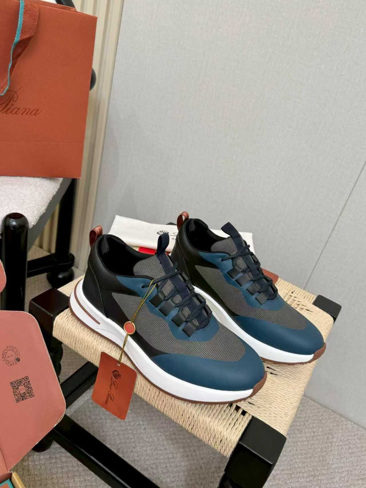 Loro Piana Navy Blue Teal Low-Top Sneakers — front