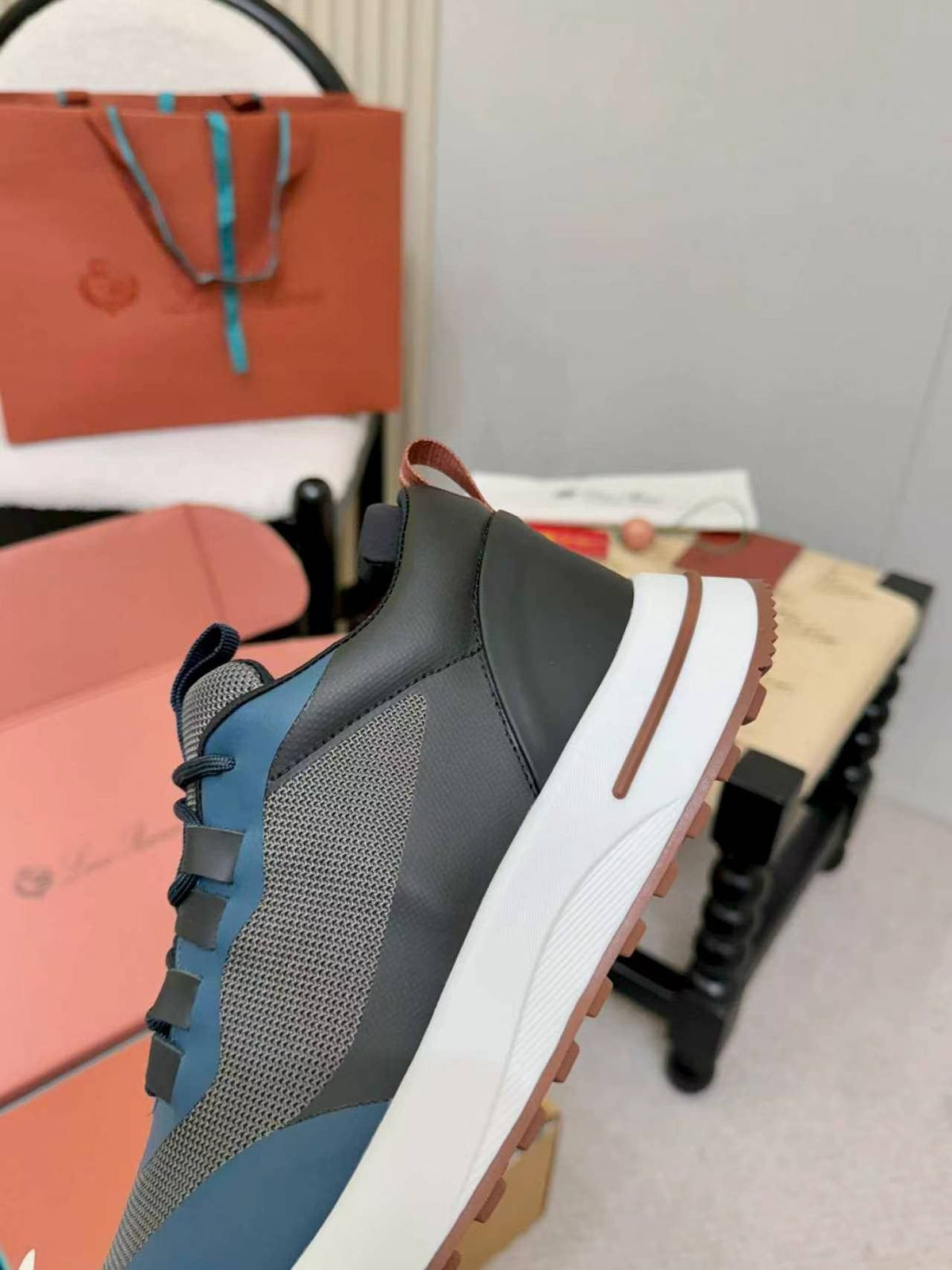 Loro Piana Navy Blue Teal Low-Top Sneakers — detail