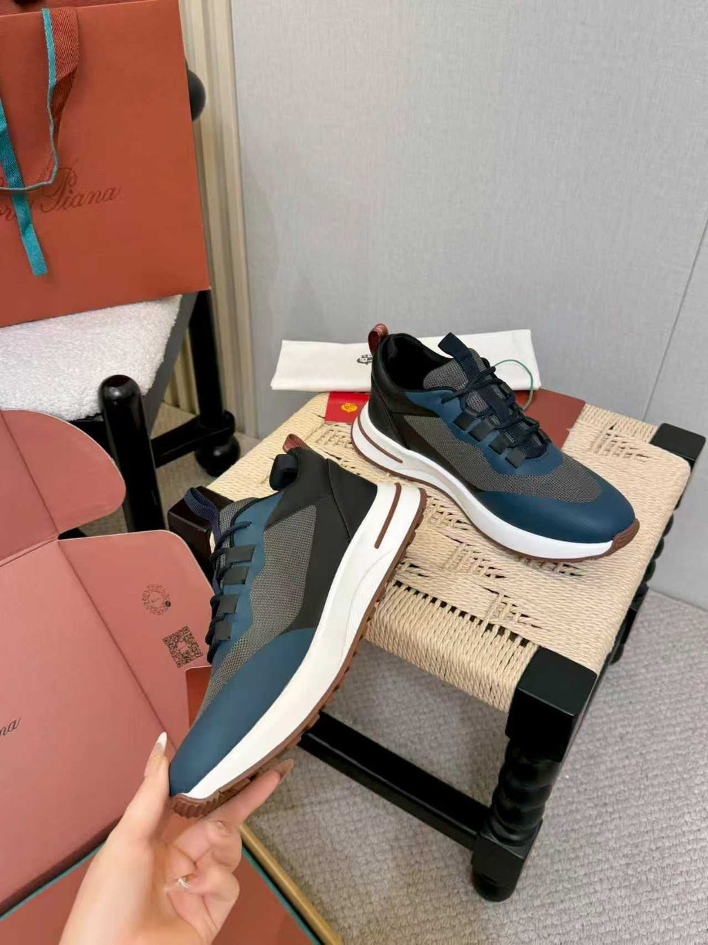 Loro Piana Navy Blue Teal Low-Top Sneakers — side