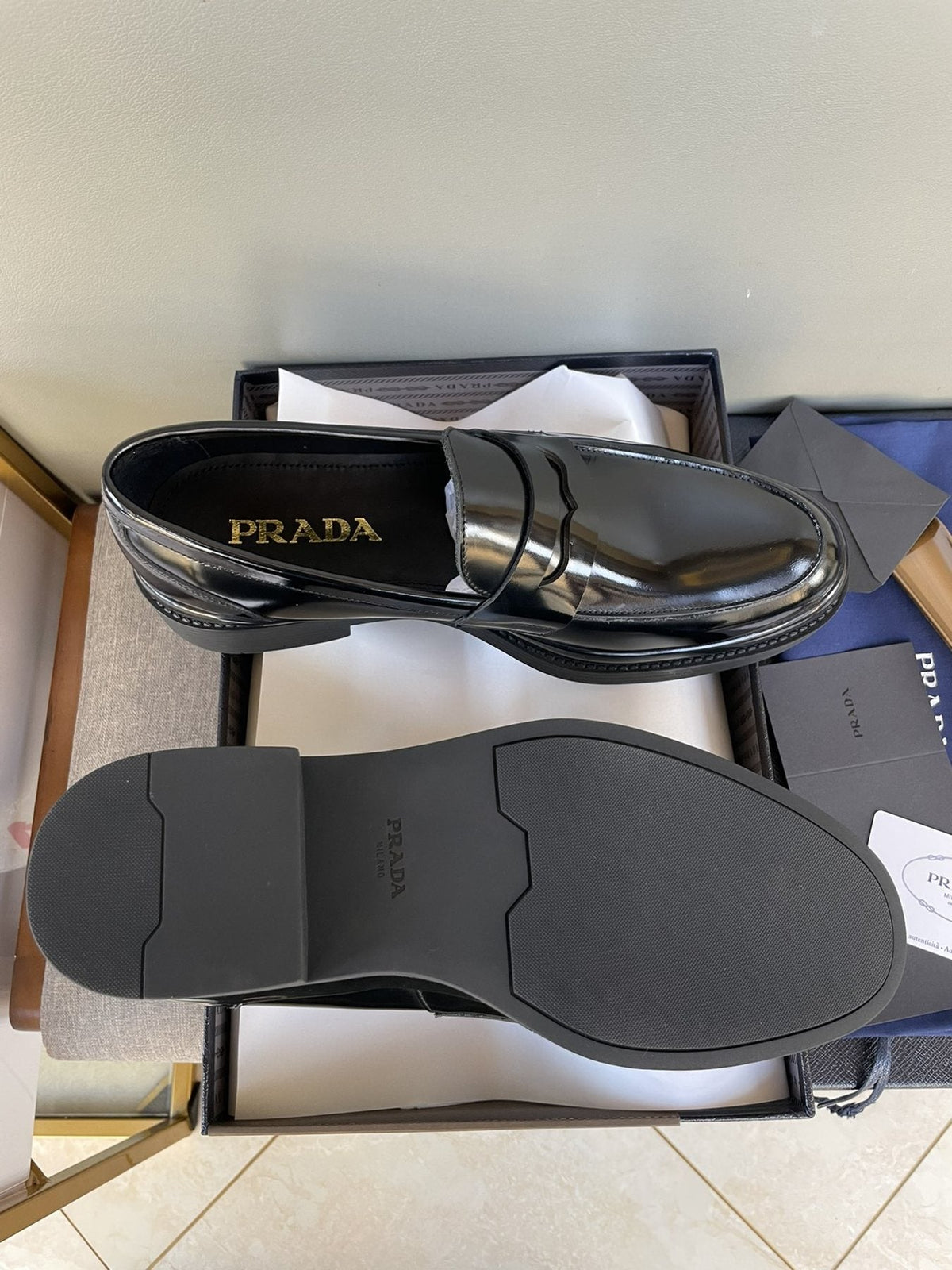 Prada Black Glossy Strap Loafers — detail