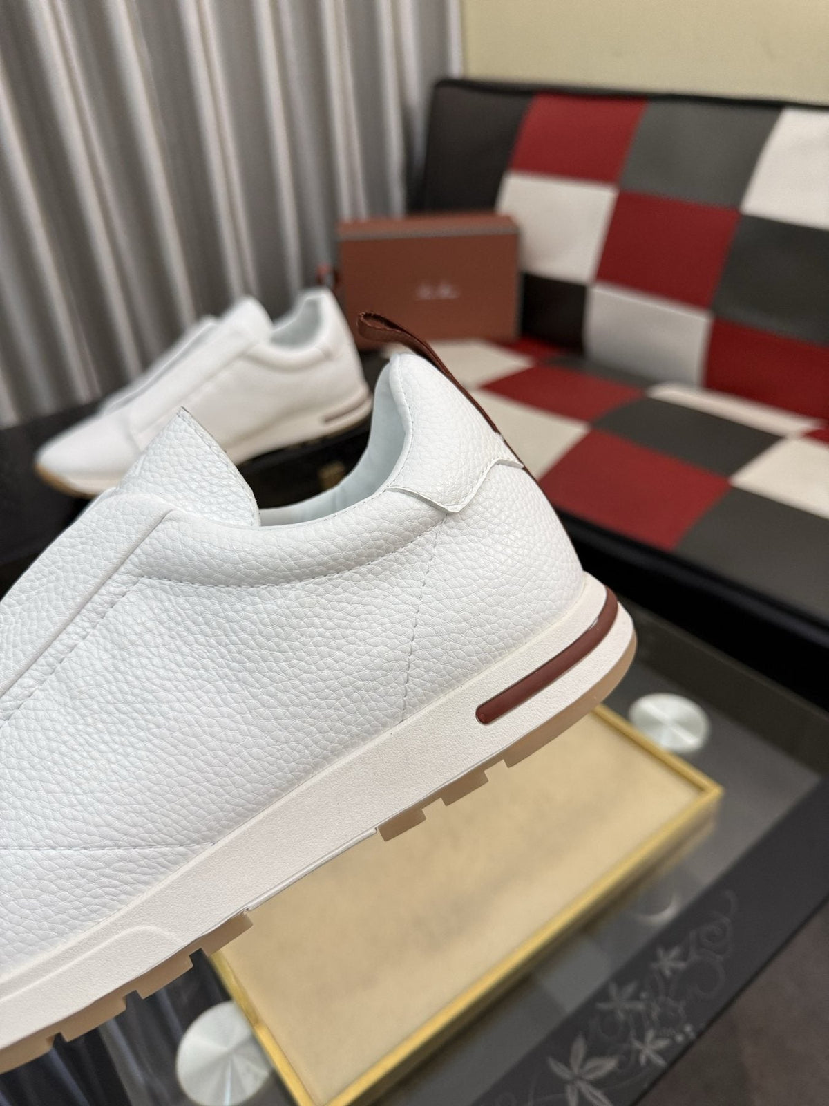 Men's White Slip-On Sneakers with Gray Bands — detail