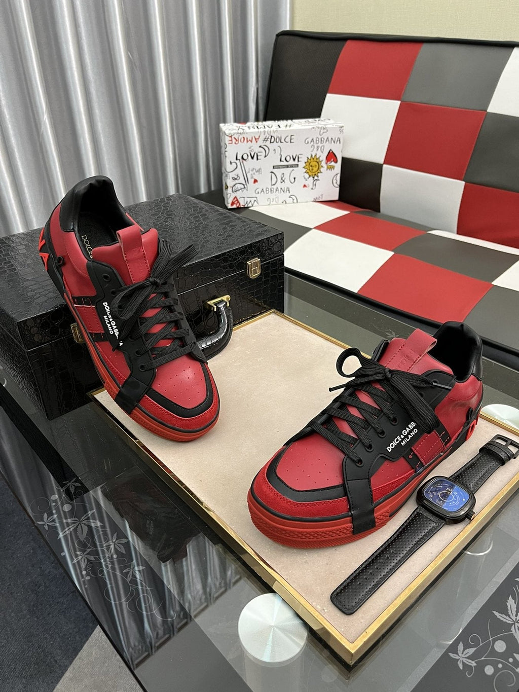 Dolce & Gabbana Red and Black Panel Sneakers — front