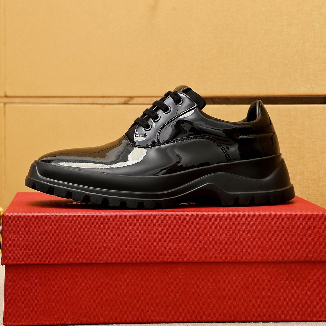Ferragamo Black Patent Leather Lace-Up Shoes — side