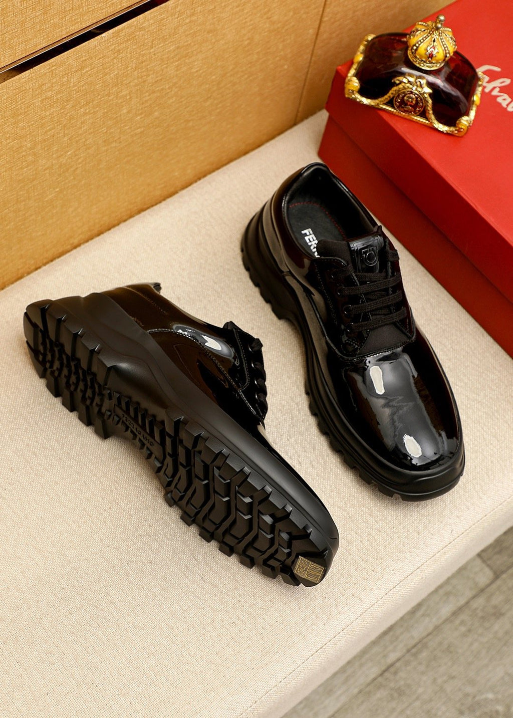 Ferragamo Black Patent Leather Lace-Up Shoes — side