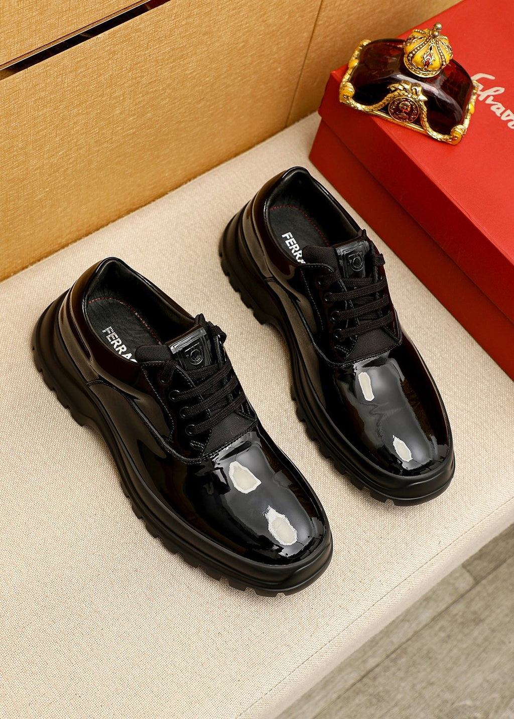 Ferragamo Black Patent Leather Lace-Up Shoes — hero