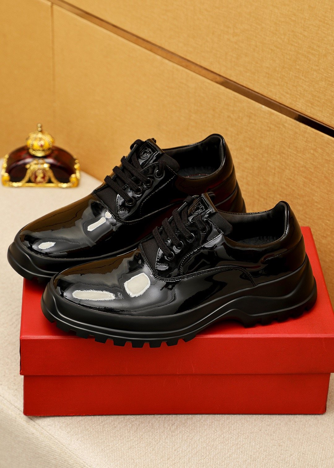 Ferragamo Black Patent Leather Lace-Up Shoes — front