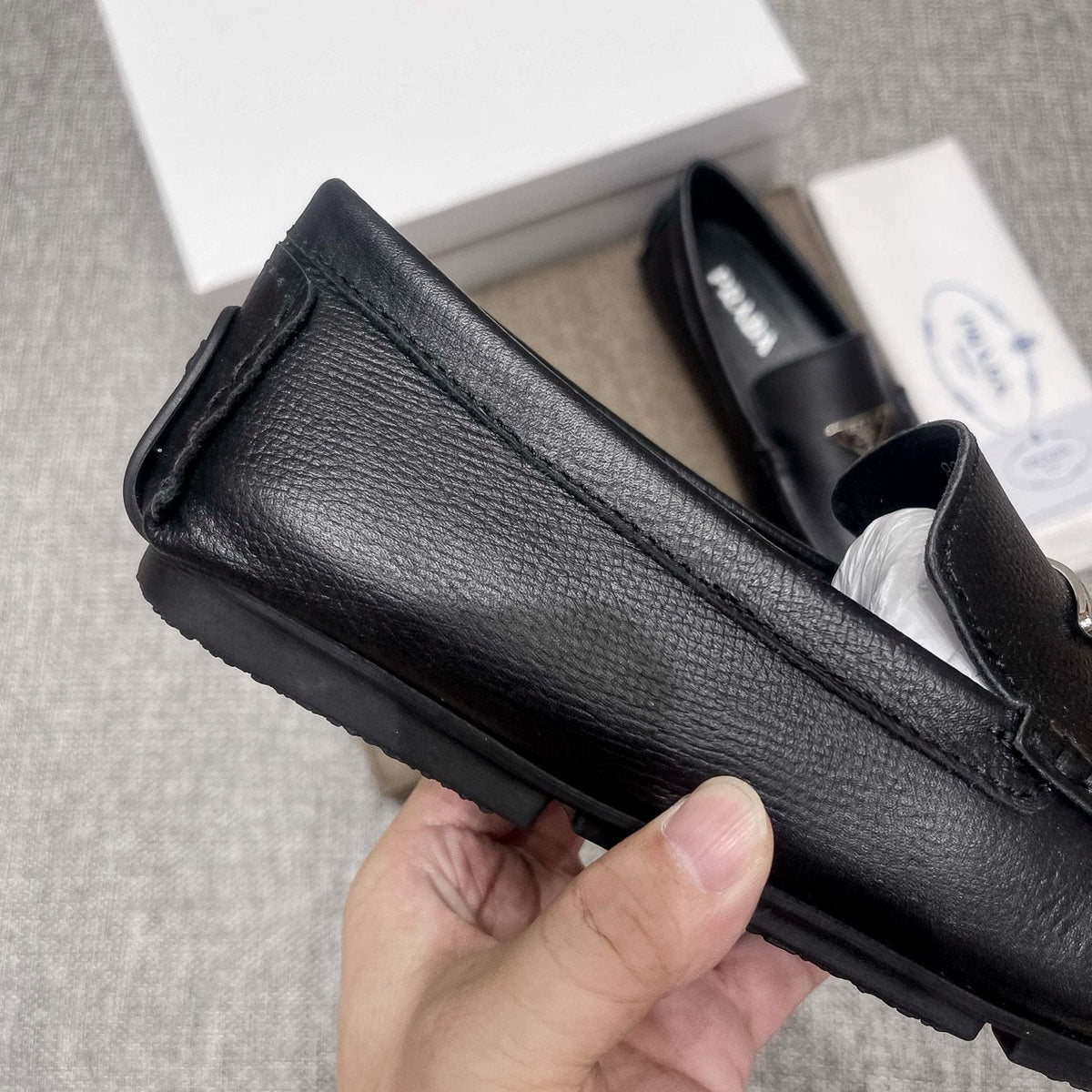 Prada Black Triangle Plaque Loafers — side