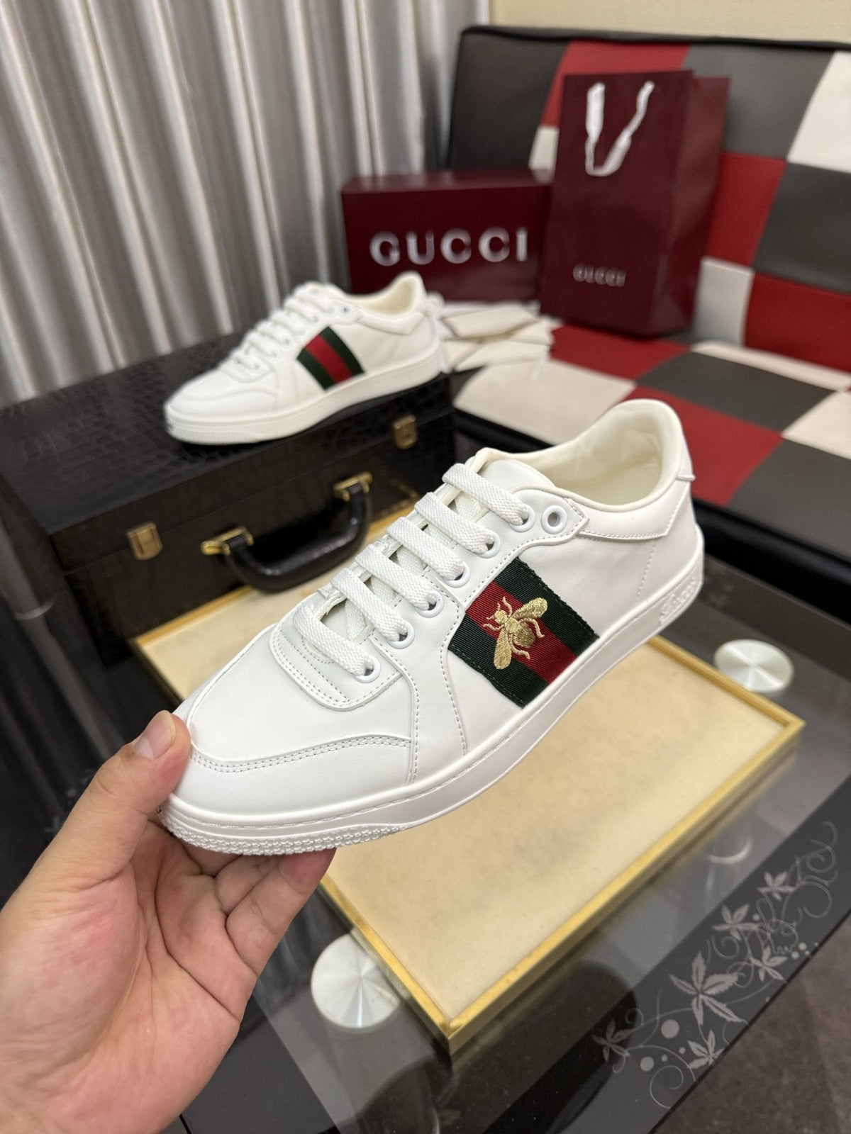 Gucci Green and Red Stripe Bee Sneakers — model