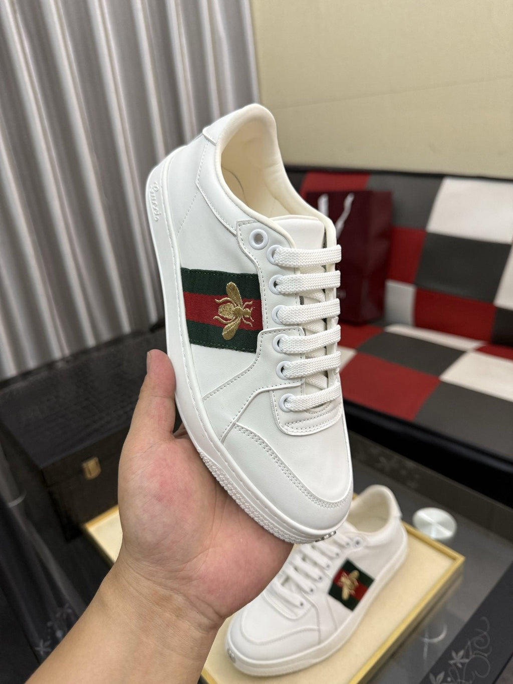 Gucci Green and Red Stripe Bee Sneakers — model