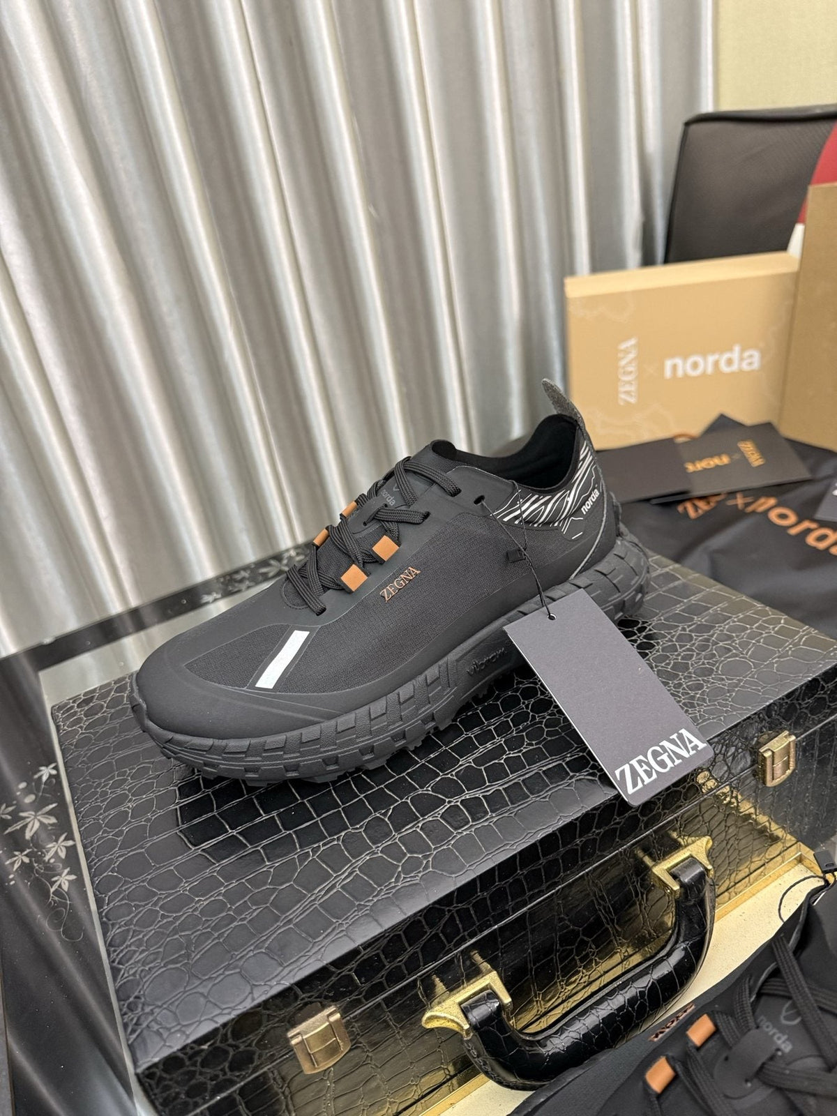 ZEGNA Black Trail Running Shoes with Orange Accents — front