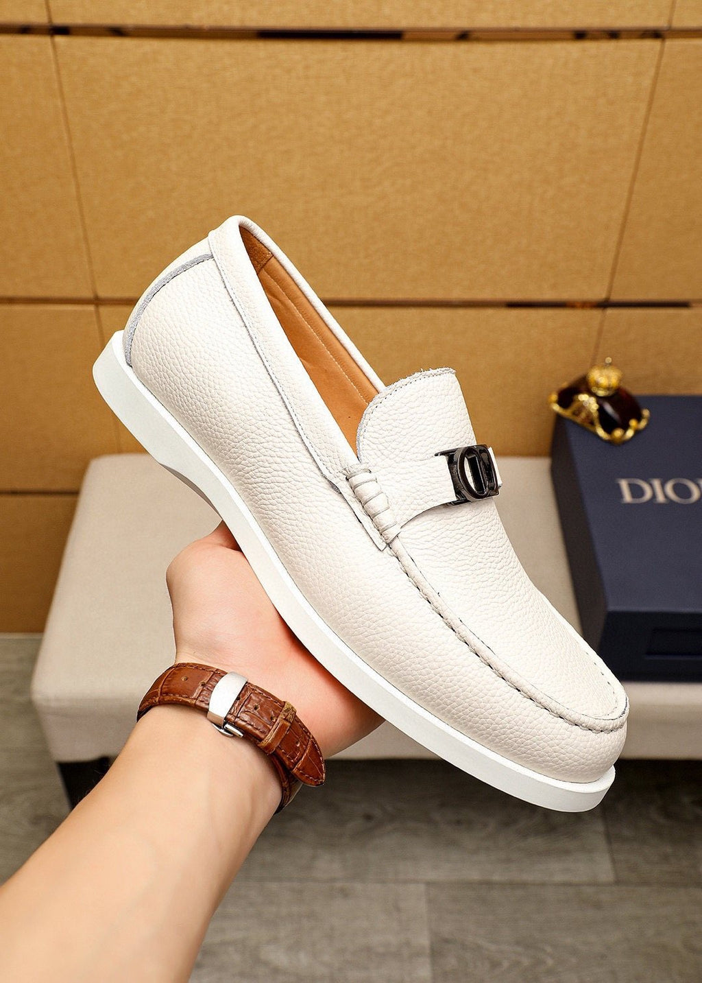 Dior Cream White Metal-Detail Loafers — model