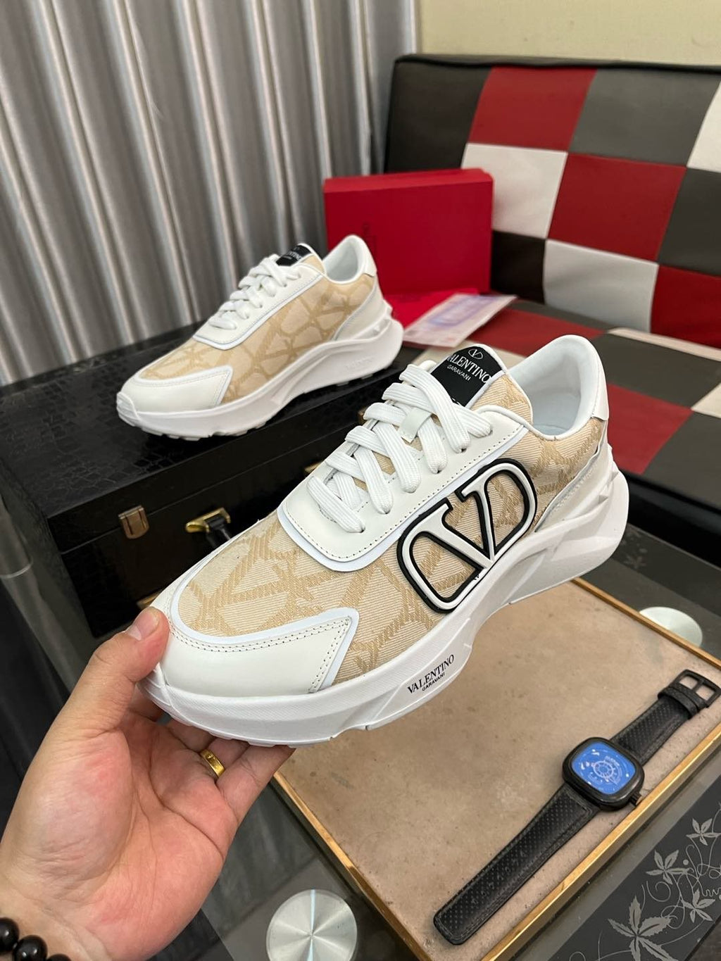 Valentino Cream and Beige V-Motif Sneakers — model