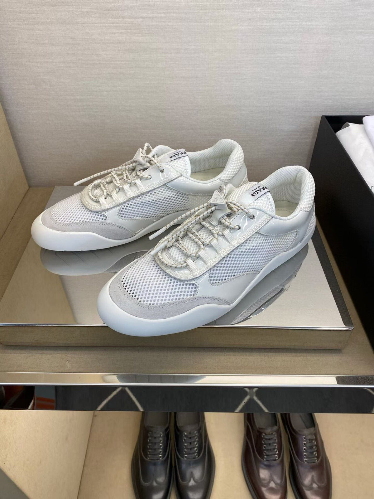 Prada White and Light Gray Mesh Sneakers — side