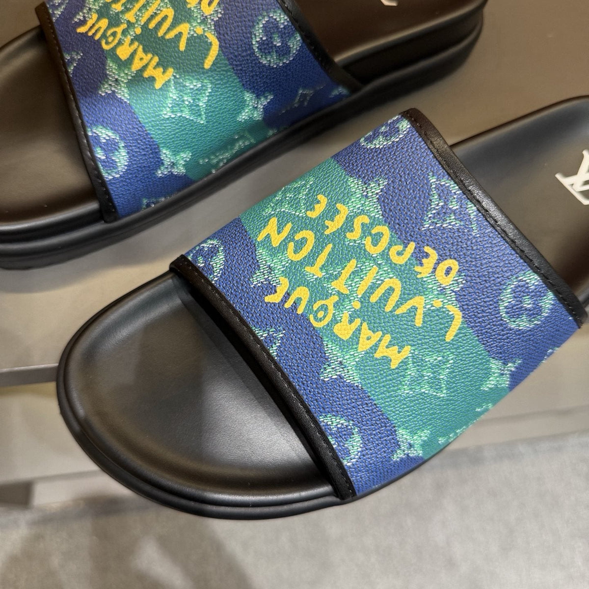 Louis Vuitton Blue Green Patterned Slide Sandals — detail