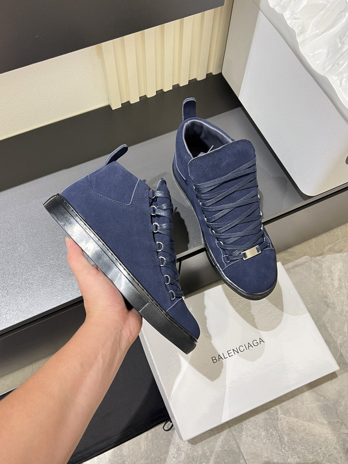 Balenciaga Navy Blue Lace-Up High-Top Sneakers — model