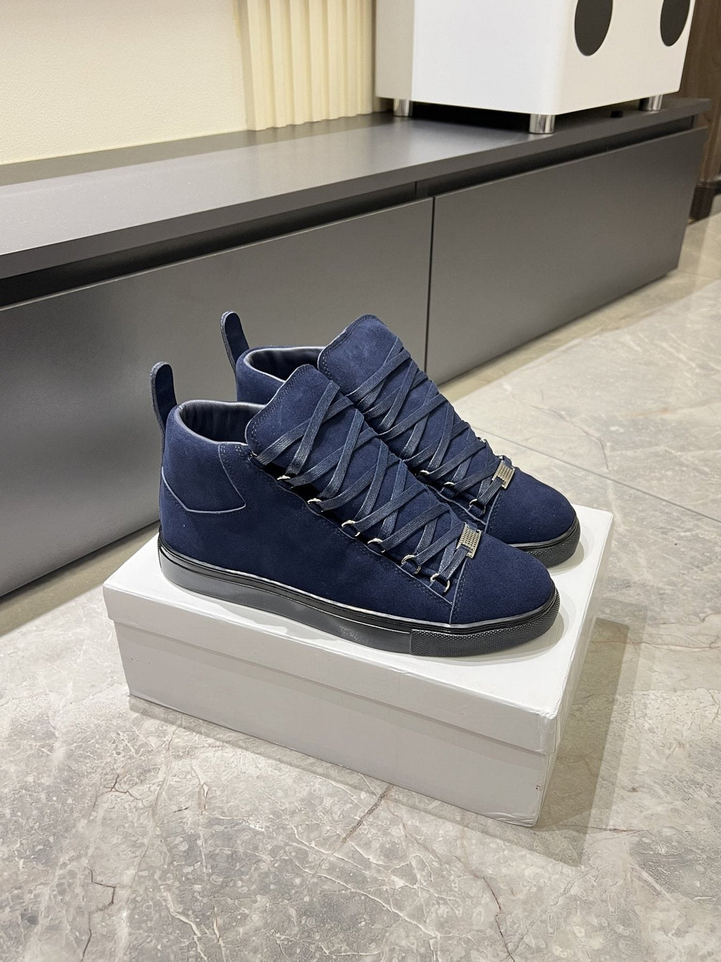 Balenciaga Navy Blue Lace-Up High-Top Sneakers — side