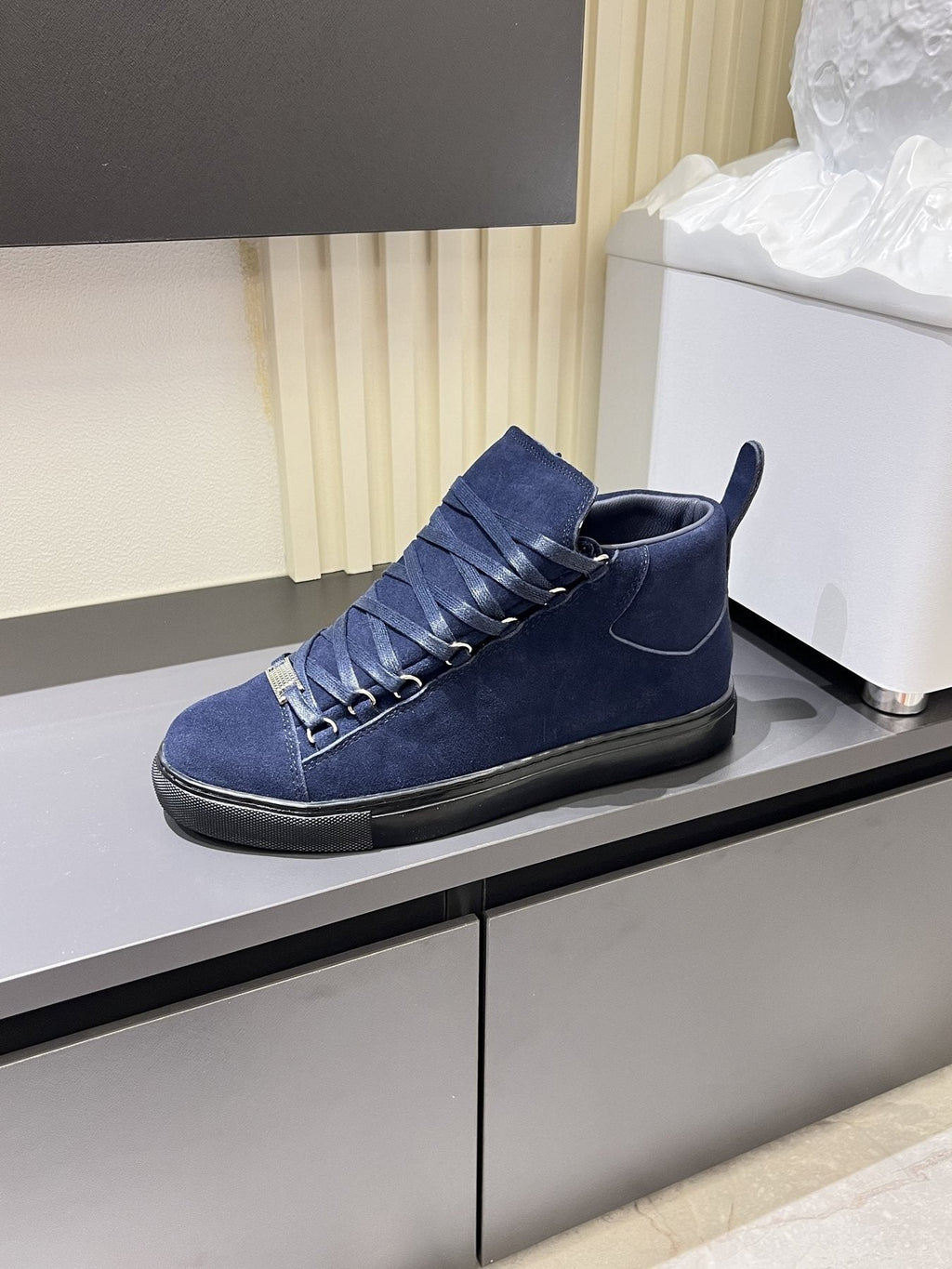 Balenciaga Navy Blue Lace-Up High-Top Sneakers — side