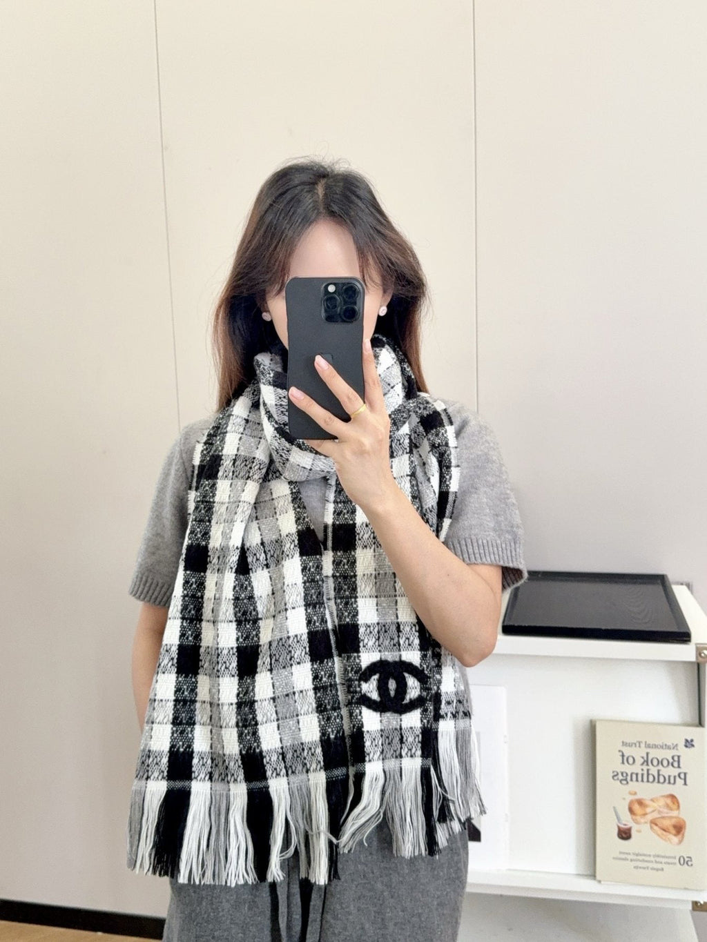 Chanel Checked Fringe Scarf — model