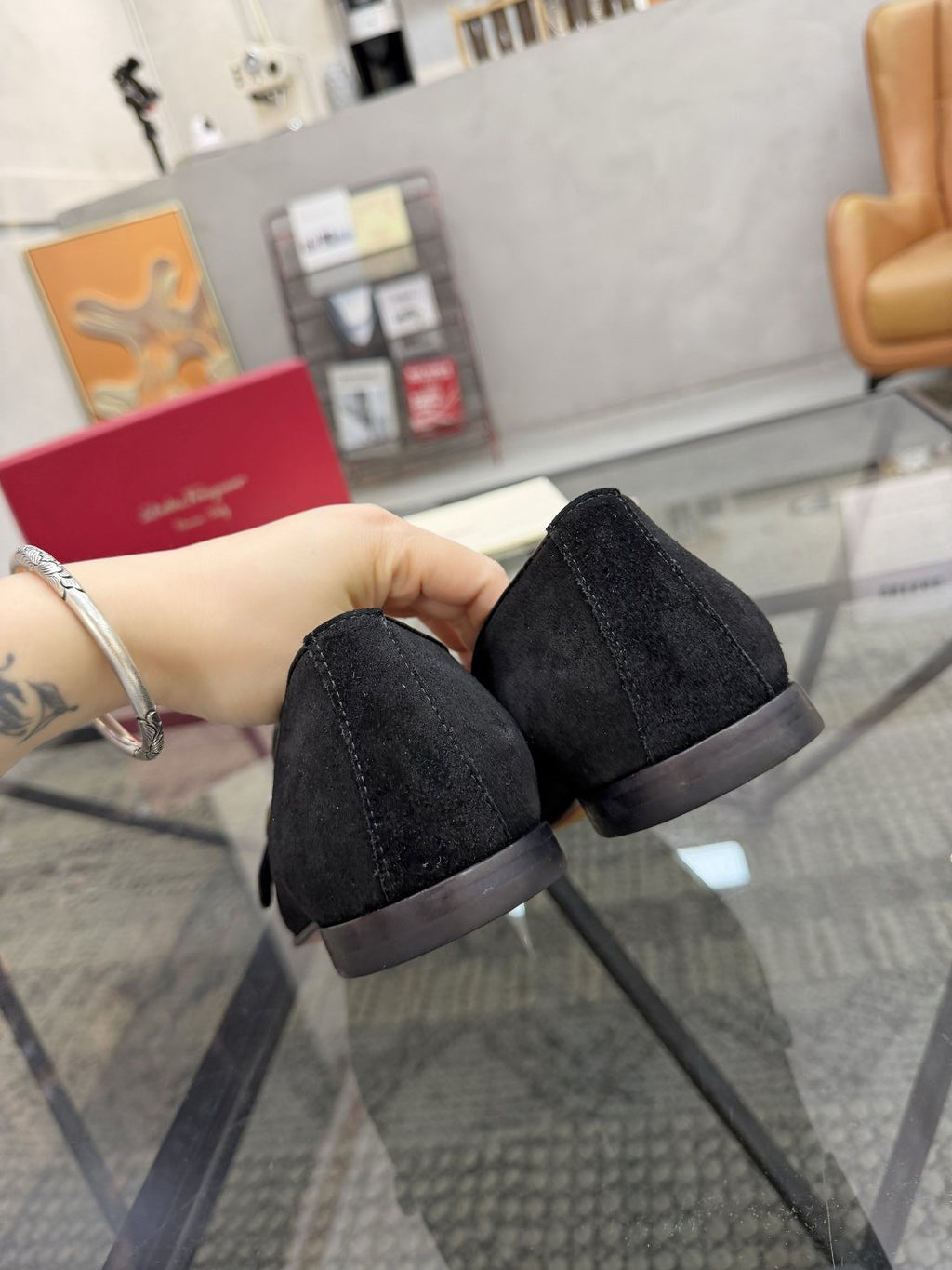 Gold-Hardware Suede Slip-On Loafers — back