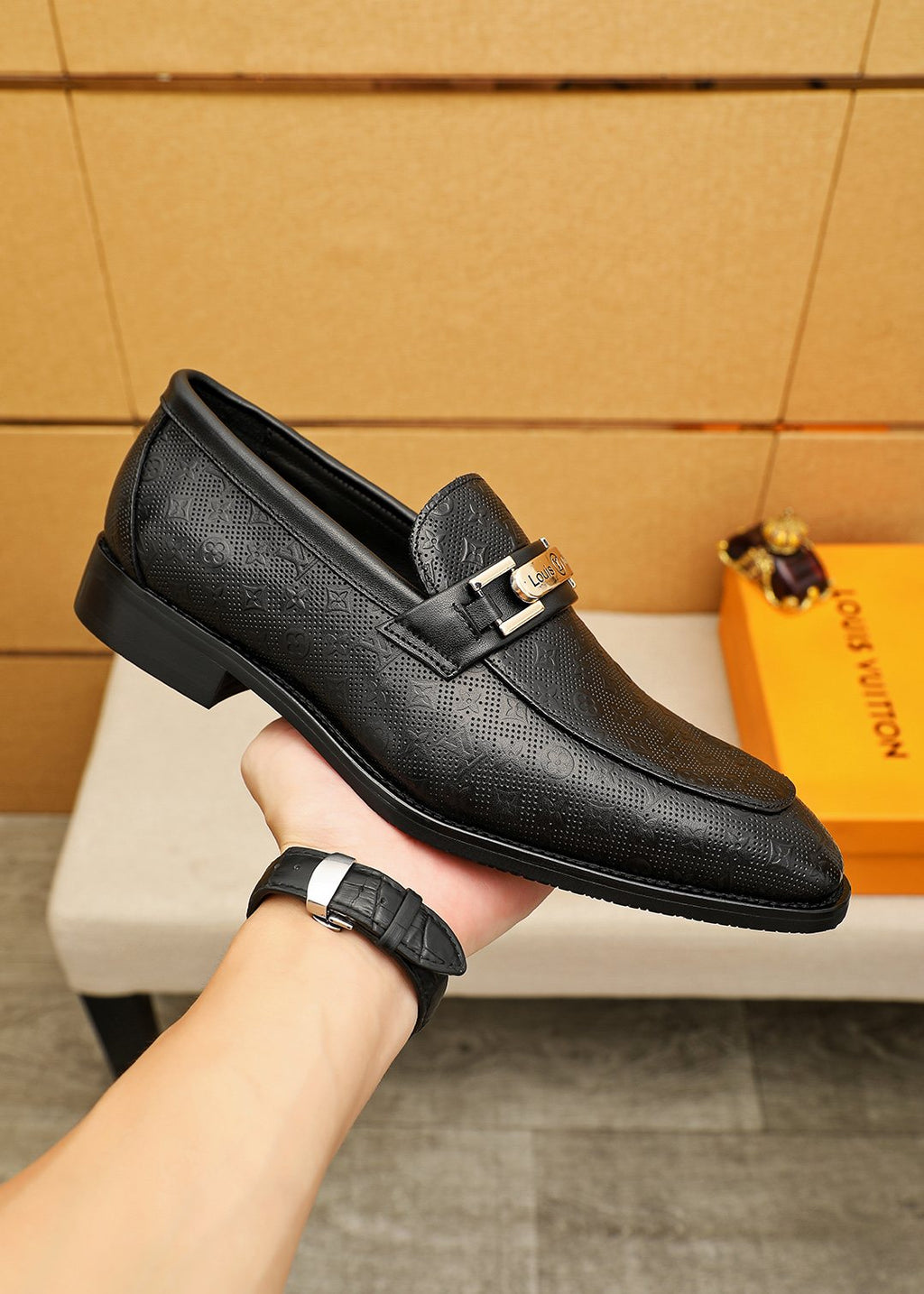 Louis Vuitton Black Textured Buckle Loafers — model