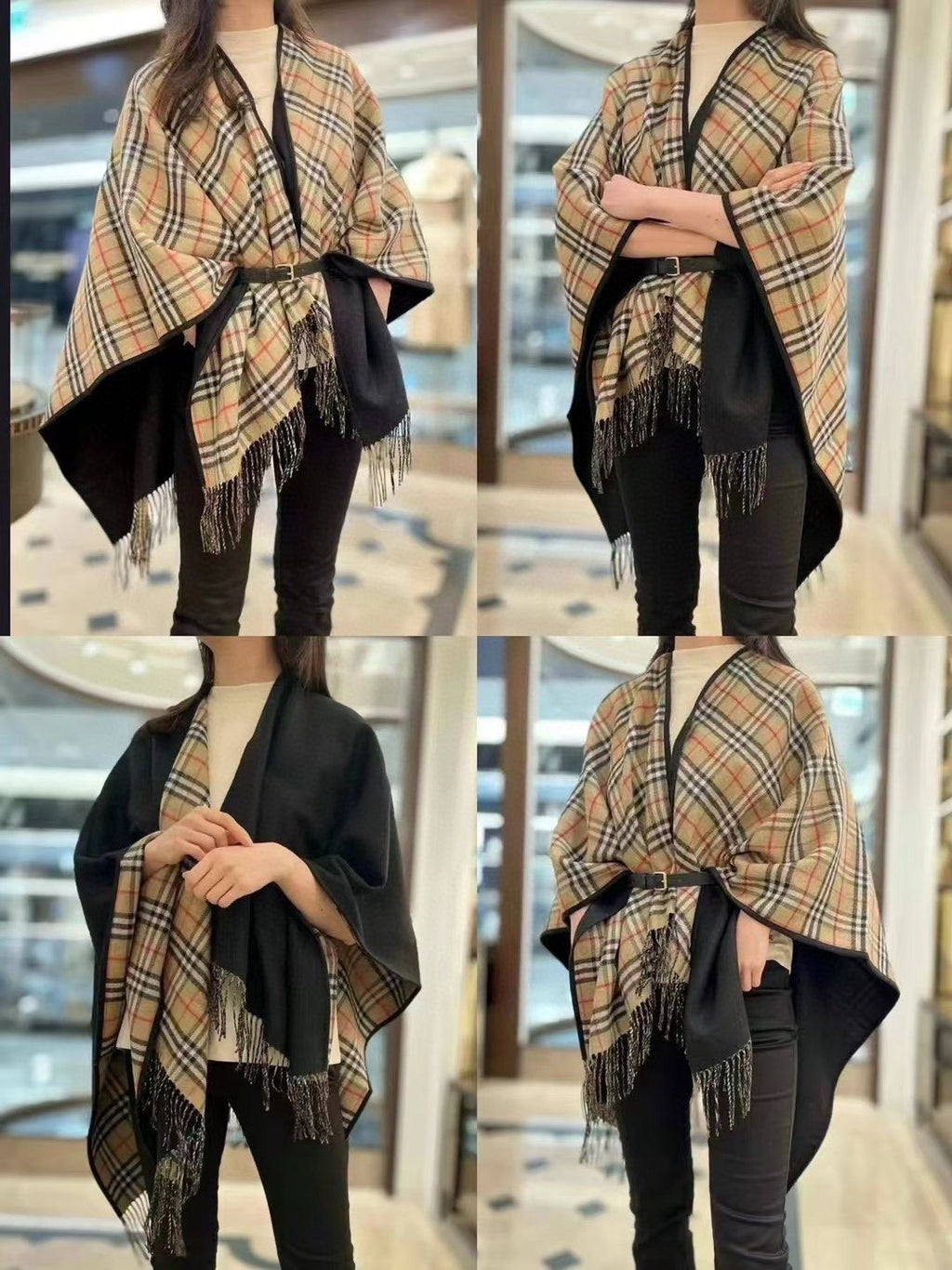 Burberry Reversible Plaid Fringed Poncho Wrap — model