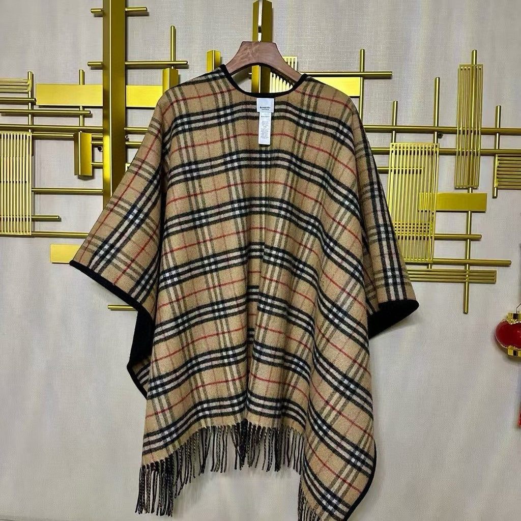Burberry Reversible Plaid Fringed Poncho Wrap — front