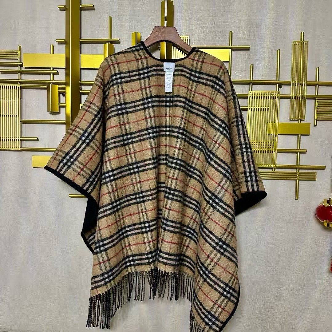 Burberry Reversible Plaid Fringed Poncho Wrap — front